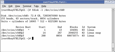 fdisk -l /dev/cciss/c0d0によりローカルディスクのパーティション情報を表示