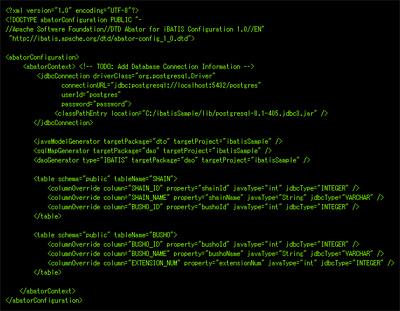 Abator定義ファイル(abatorConfig.xml)設定例