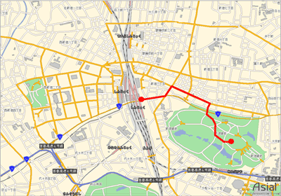 pgRoutingで2点間の最短距離検索を行った際の出力結果。図中の赤色が最短結果を表す。