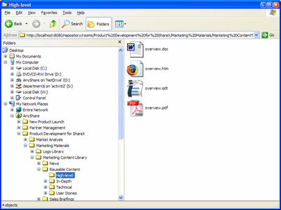 Alfrescoのファイル管理画面(File System Emulation) 出展:2005-2007 Alfresco Software, Inc., All Rights Reserved.