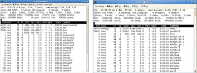 デフォルトのtopの出力(左がRHEL5、右がSLES10)