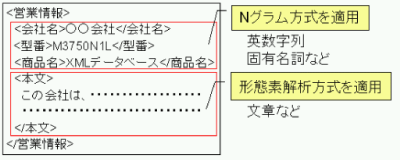 Nグラム方式と形態素解析方式のXMLの要素単位での使い分けの例